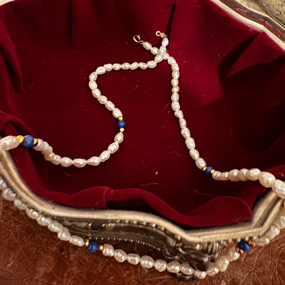 Vintage 14k gold beads clasp seed Pearl and lapis lazuli Necklace